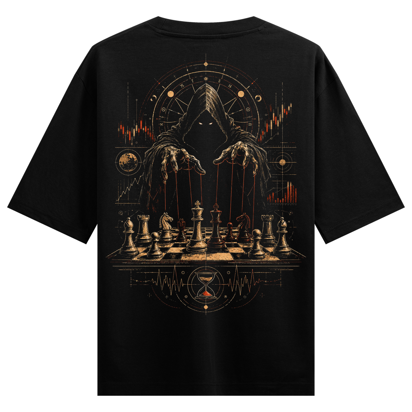 Puppet Master T-Shirt by PRDGY — hooded figure controlling a chessboard with strings, dark art design
