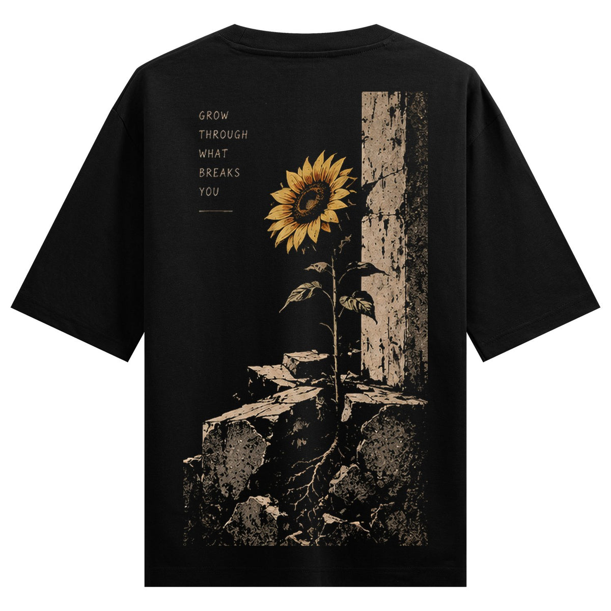 Sunflower Resilience — a vibrant sunflower with visible roots emerges from cracked concrete and rubble beside a weathered