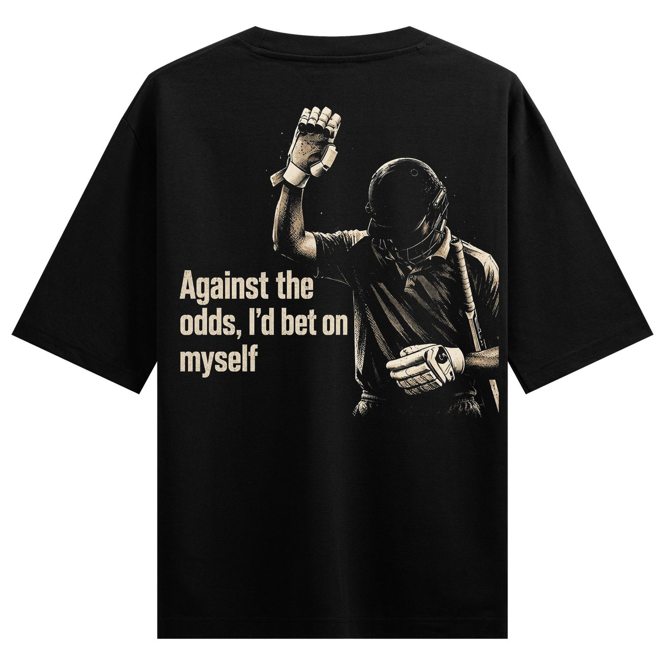 A black t-shirt back print features a gritty illustration of a cricket player in helmet and gloves raising a fist with mot...