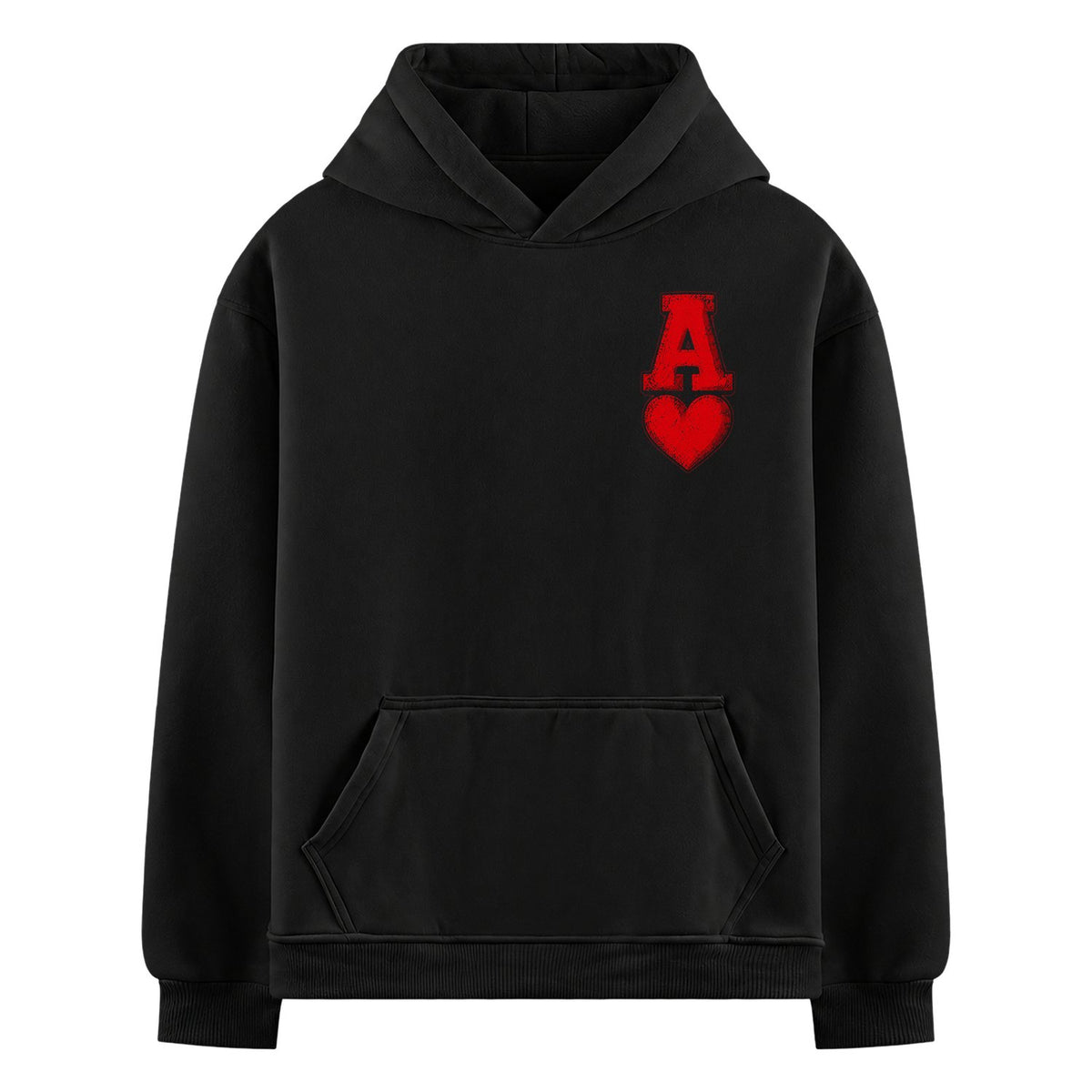 Ace Heart Oversized Hoodie — Black hoodie with red distressed letter A and heart symbol on chest, plain background