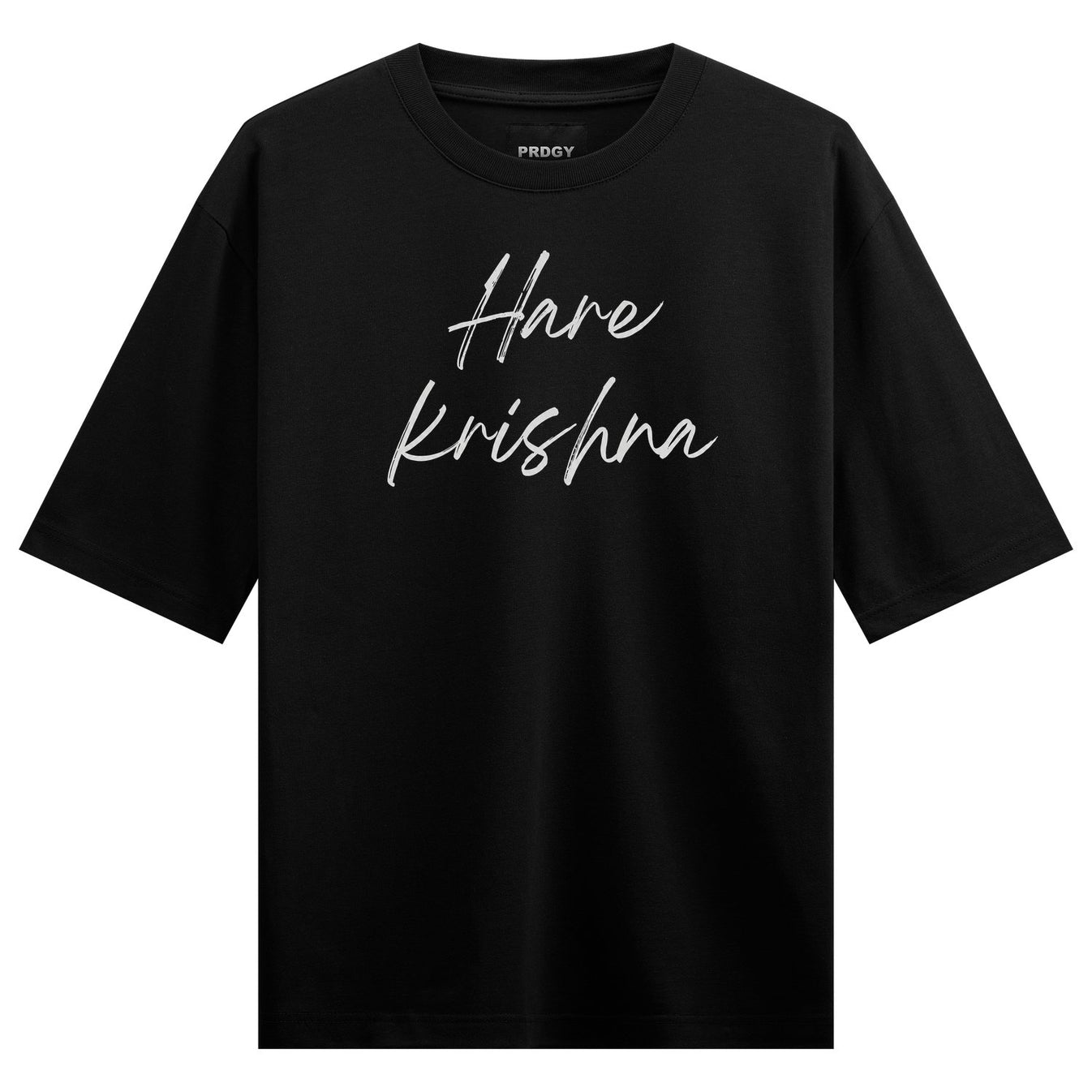 White cursive script spelling Hare krishna is centered on a plain black short-sleeved t-shirt on PRDGY oversized t-shirt