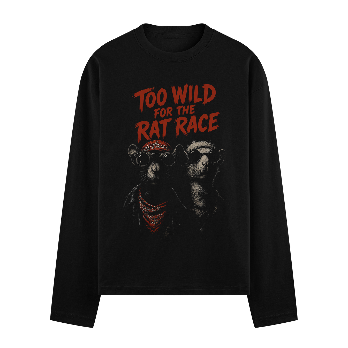 A black t-shirt features red text reading TOO WILD FOR THE RAT RACE above two illustrated rats wearing sunglasses and a ba...