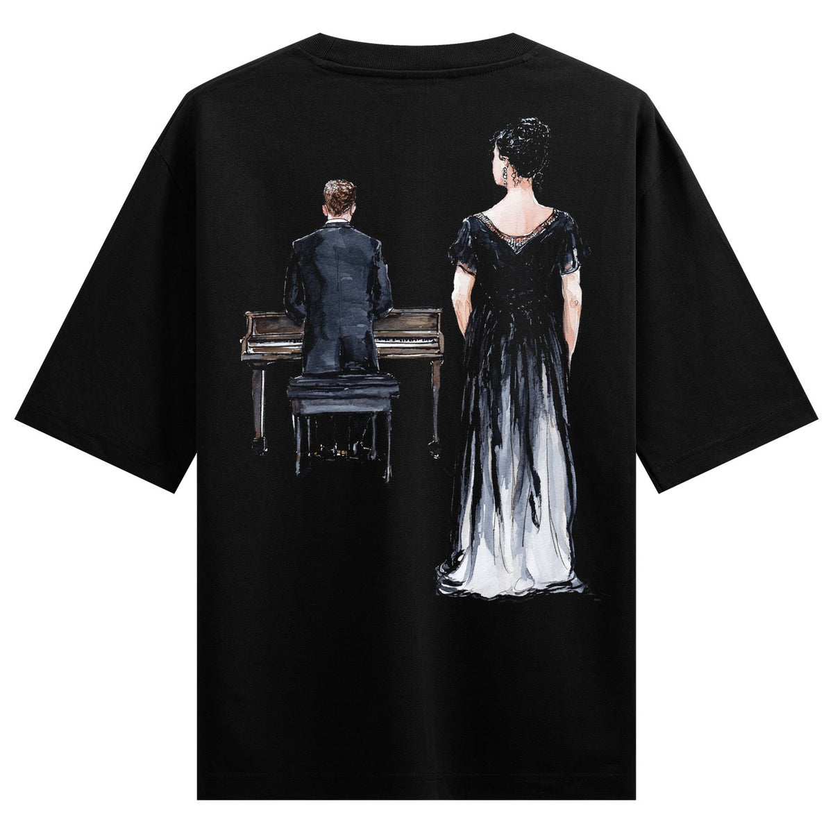 Piano Duo Oversized T-Shirt — a watercolor painting of a man in a suit playing a piano with a woman in a black