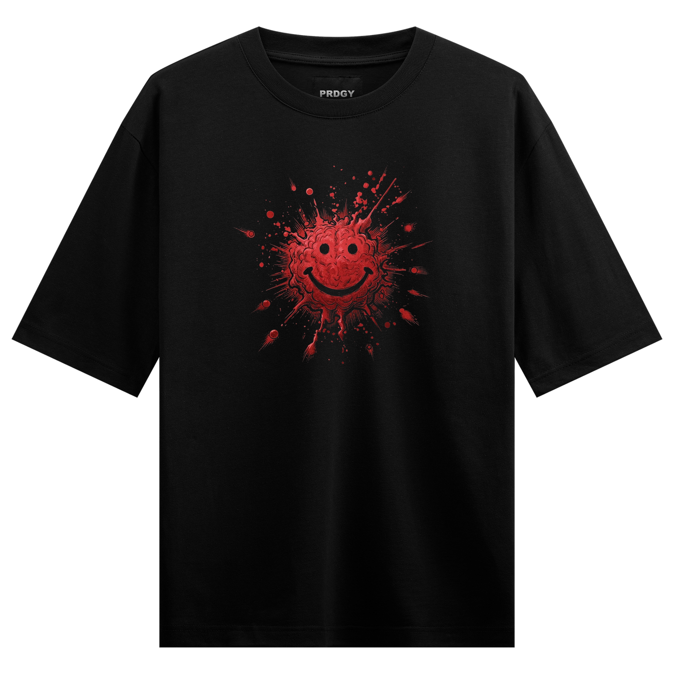 Happy Damage Oversized T-Shirt by PRDGY — bold red virus smiley graphic, dark humor design