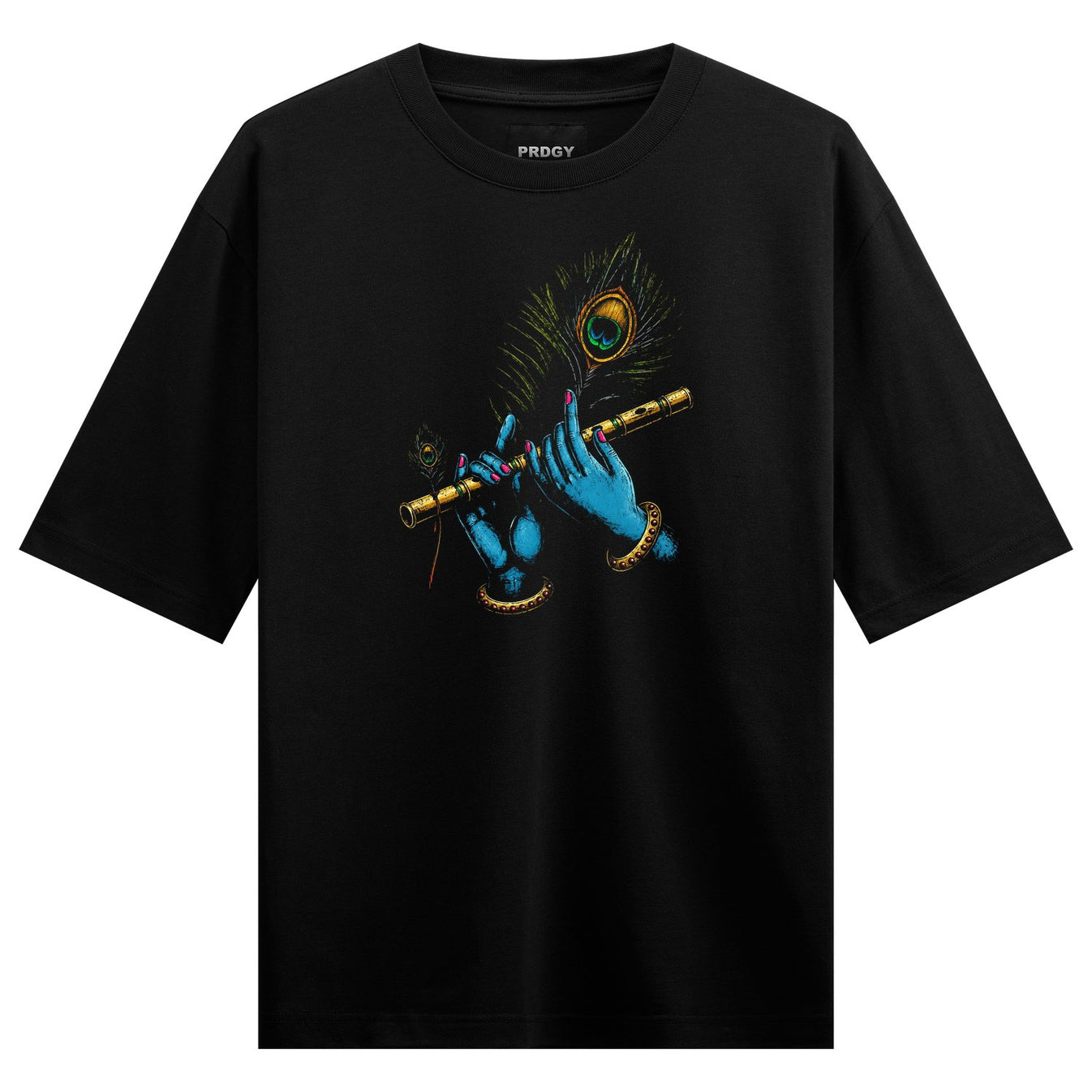 A black t-shirt features blue hands playing a golden flute with a large peacock feather and smaller feathers in the backgr...
