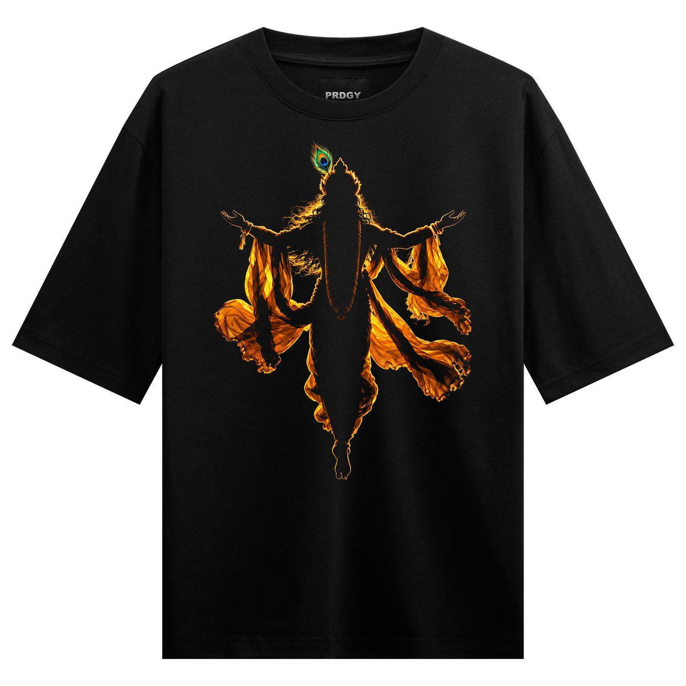 A black t-shirt features a silhouette of a deity with arms outstretched adorned with a golden peacock feather and flowing...