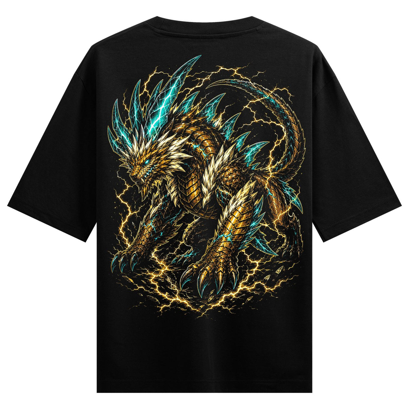 A detailed illustration of a fierce dragon with golden scales and glowing blue spikes surrounded by yellow lightning bolts...