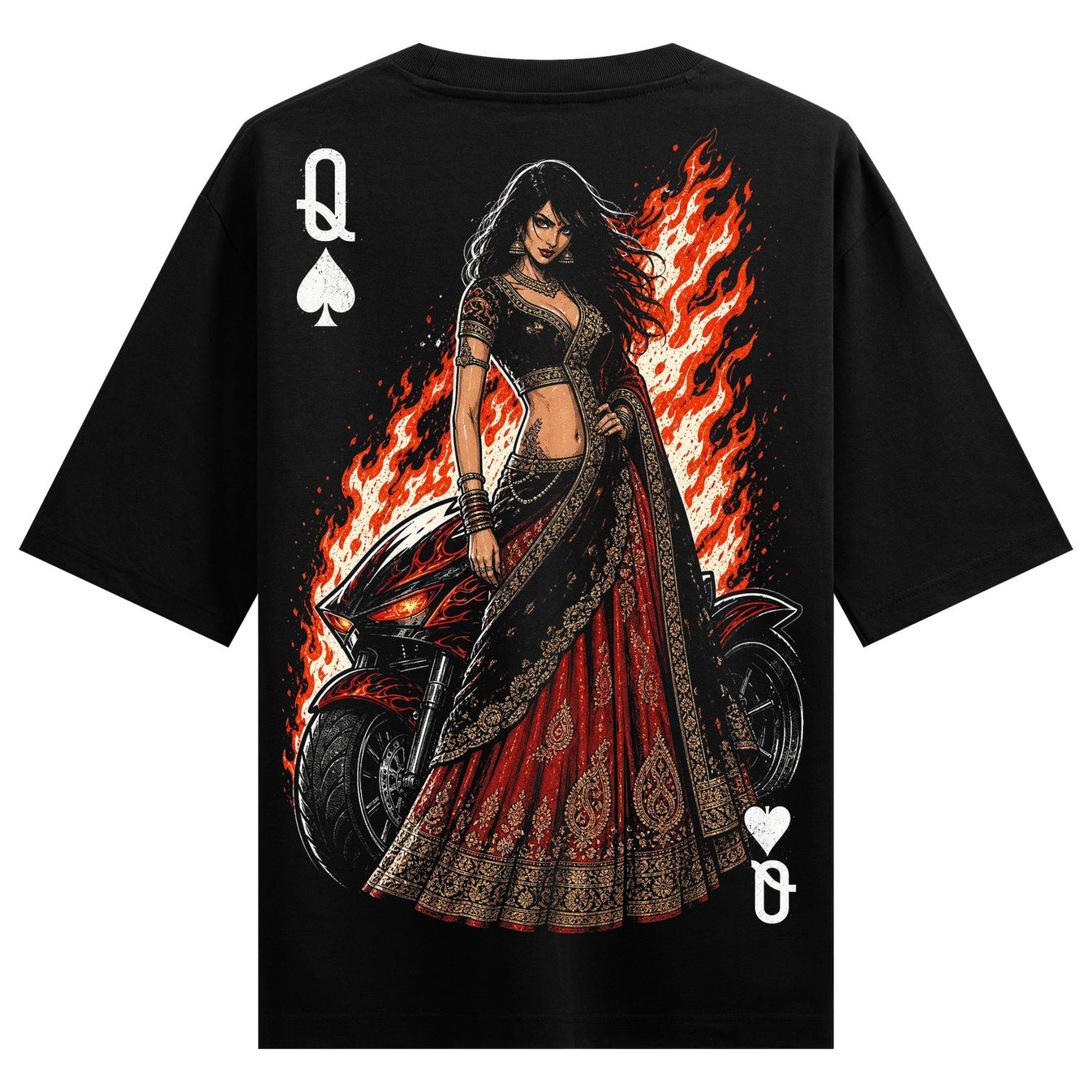 A woman in a sari stands before a motorcycle engulfed in flames with queen card symbols on a black t-shirt on PRDGY oversi...