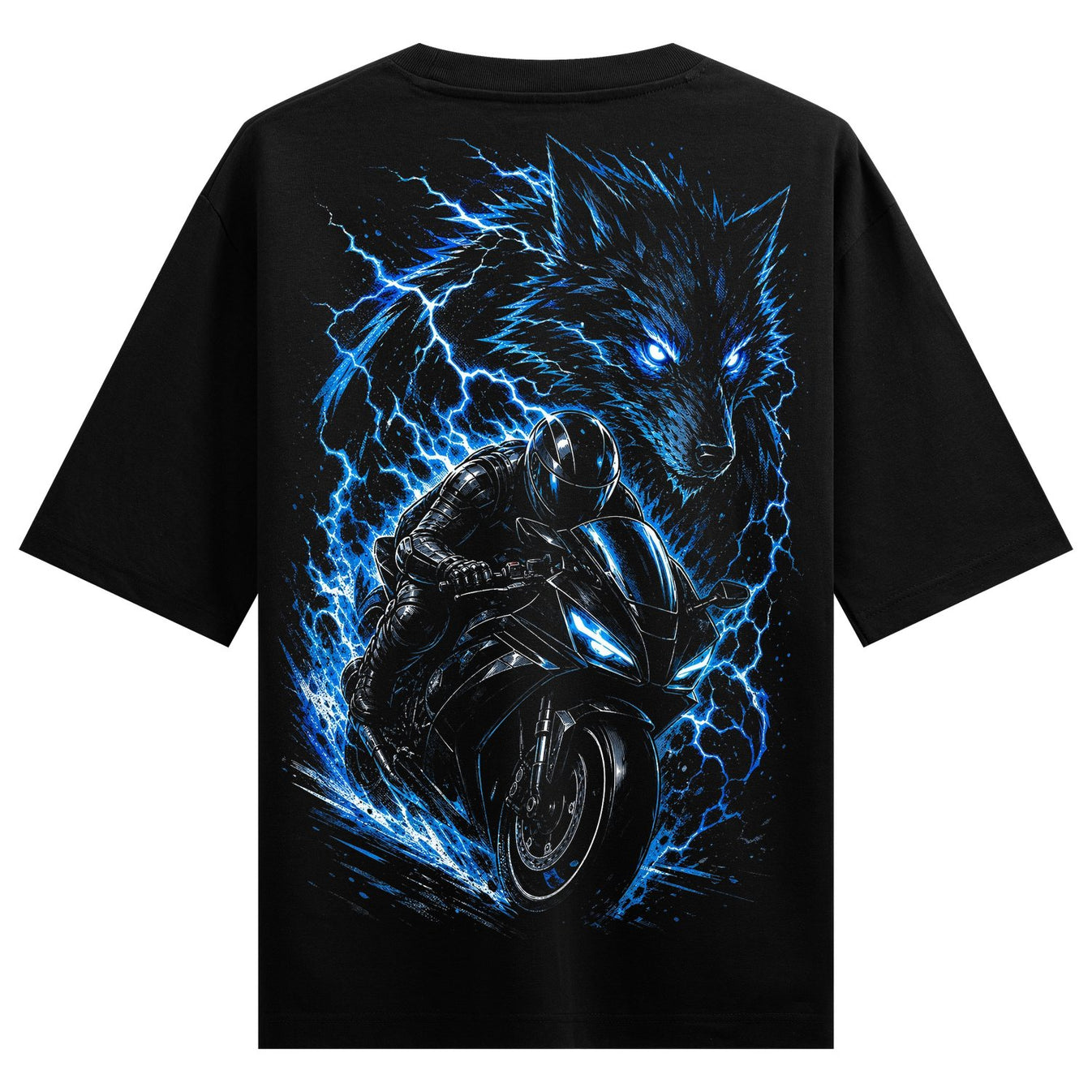 A black t-shirt features a graphic of a wolf head with bright blue eyes and electric blue lightning surrounding a motorcyc...
