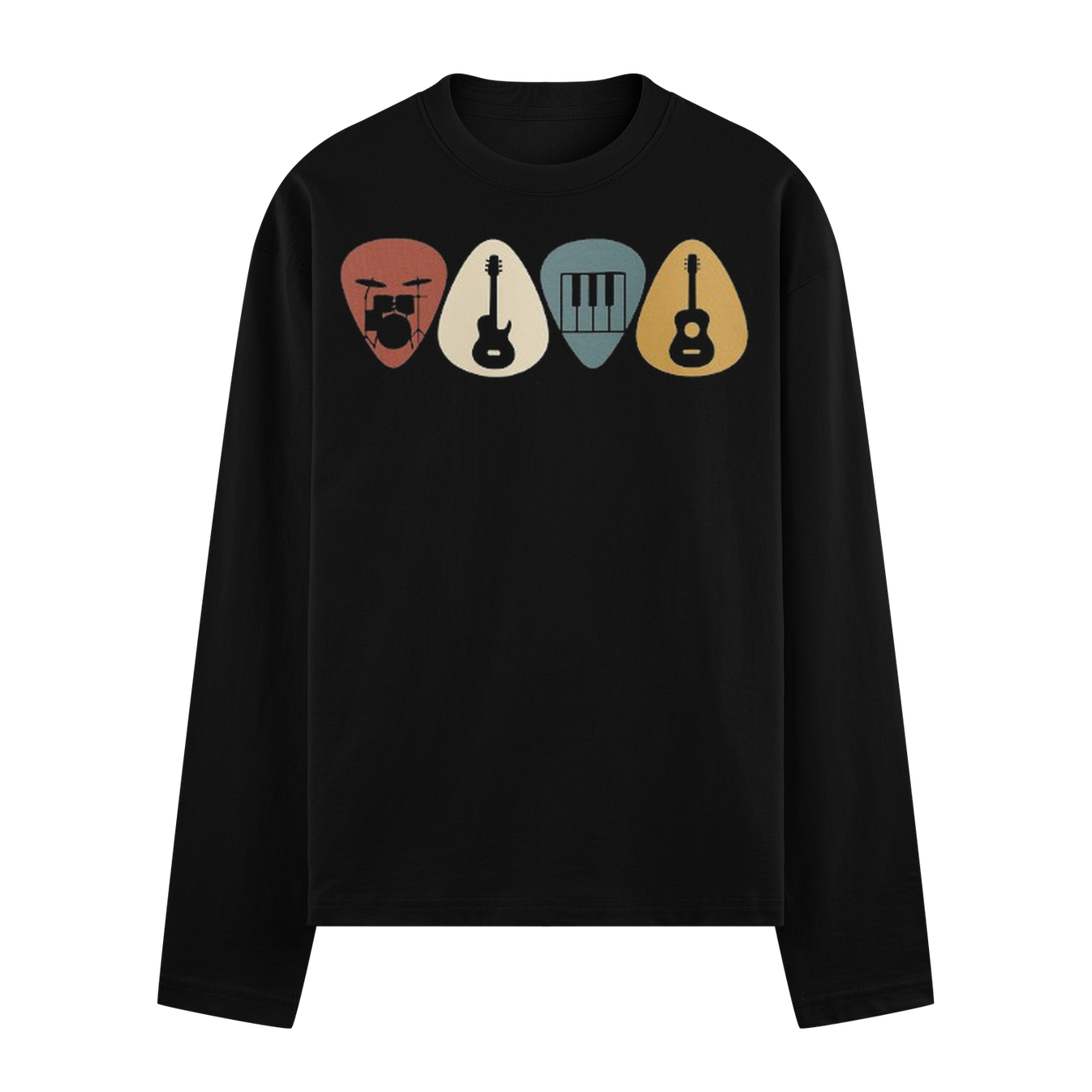 Pick Culture Full Sleeve T-Shirt by PRDGY — Colorful musical instruments on black background, musical elements design