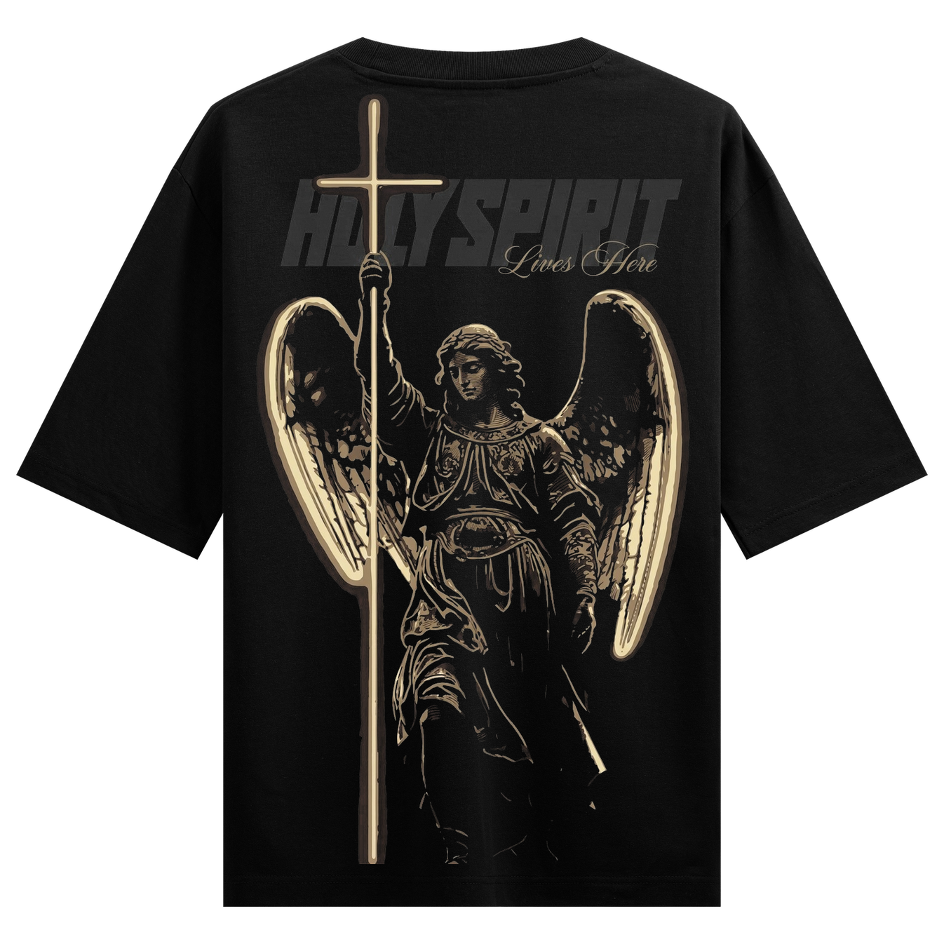 Guardian Spirit Oversized T-Shirt by PRDGY — celestial angel graphic with golden imagery, spiritual design