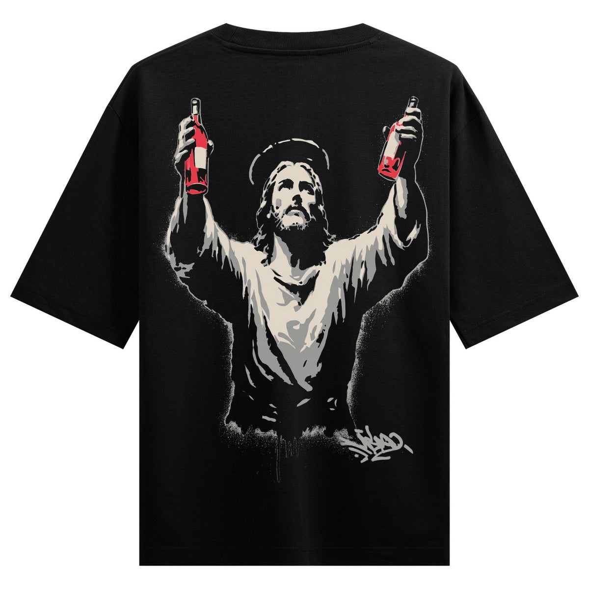 Divine Wine — Black t-shirt with white and red graphic of Jesus figure holding two wine bottles raised arms halo