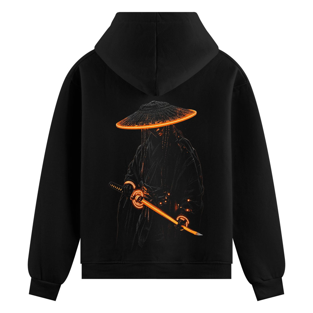 Radioactive Ronin Oversized Hoodie — a dark, hooded figure in traditional robes and a wide hat with a glowing orange brim holds