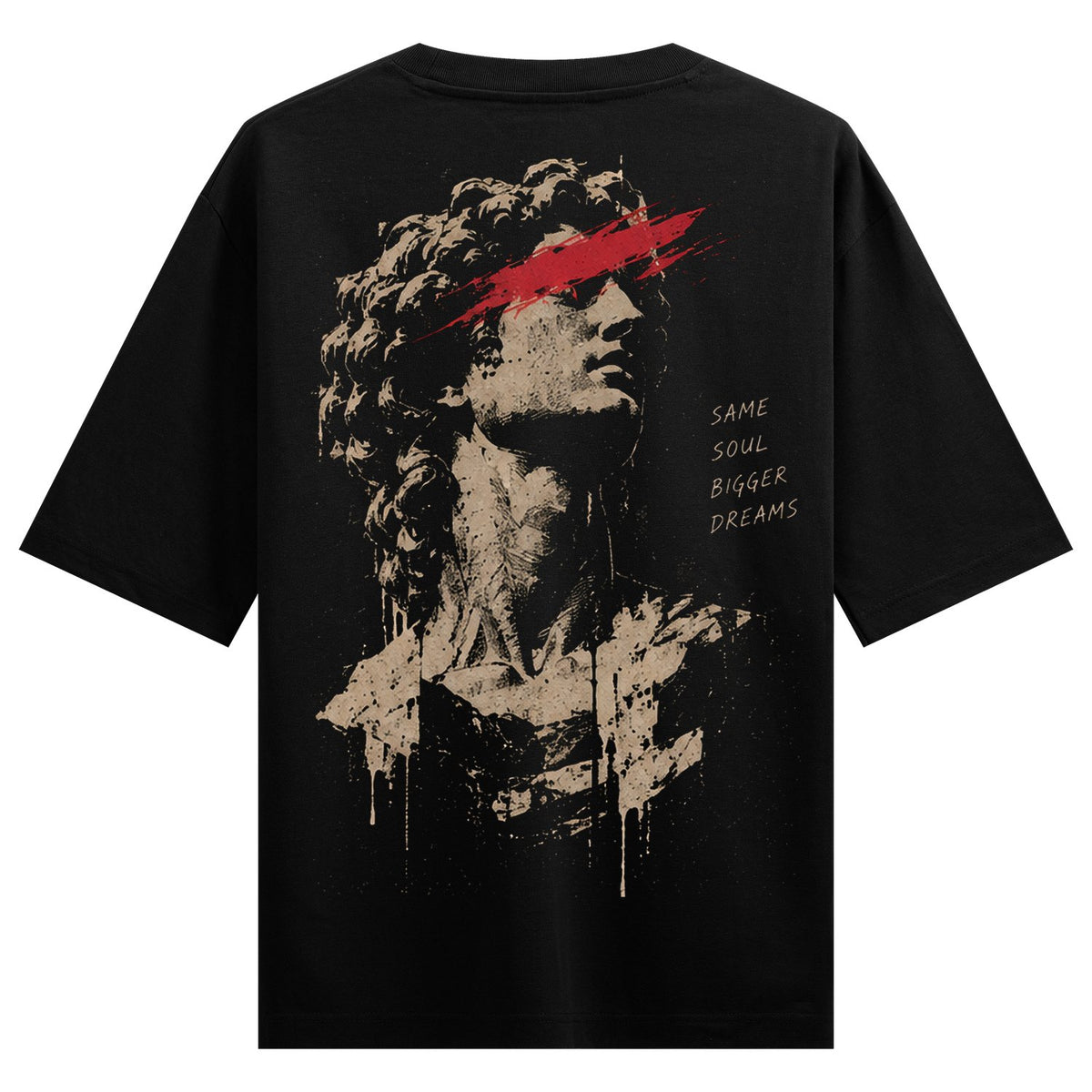 Soul Dreams Oversized T-Shirt — Black t-shirt with beige statue bust, red slashing paint, dripping paint effect