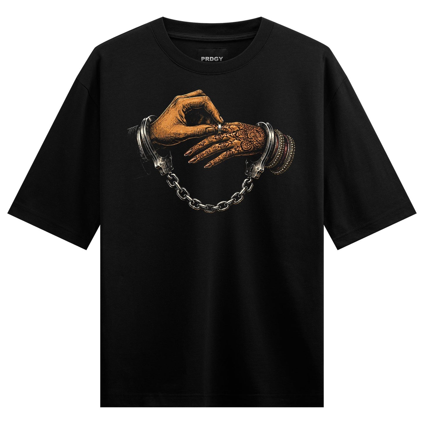 Bound Hands Oversized T-Shirt by PRDGY — illustration of two hands in chains with henna, streetwear design