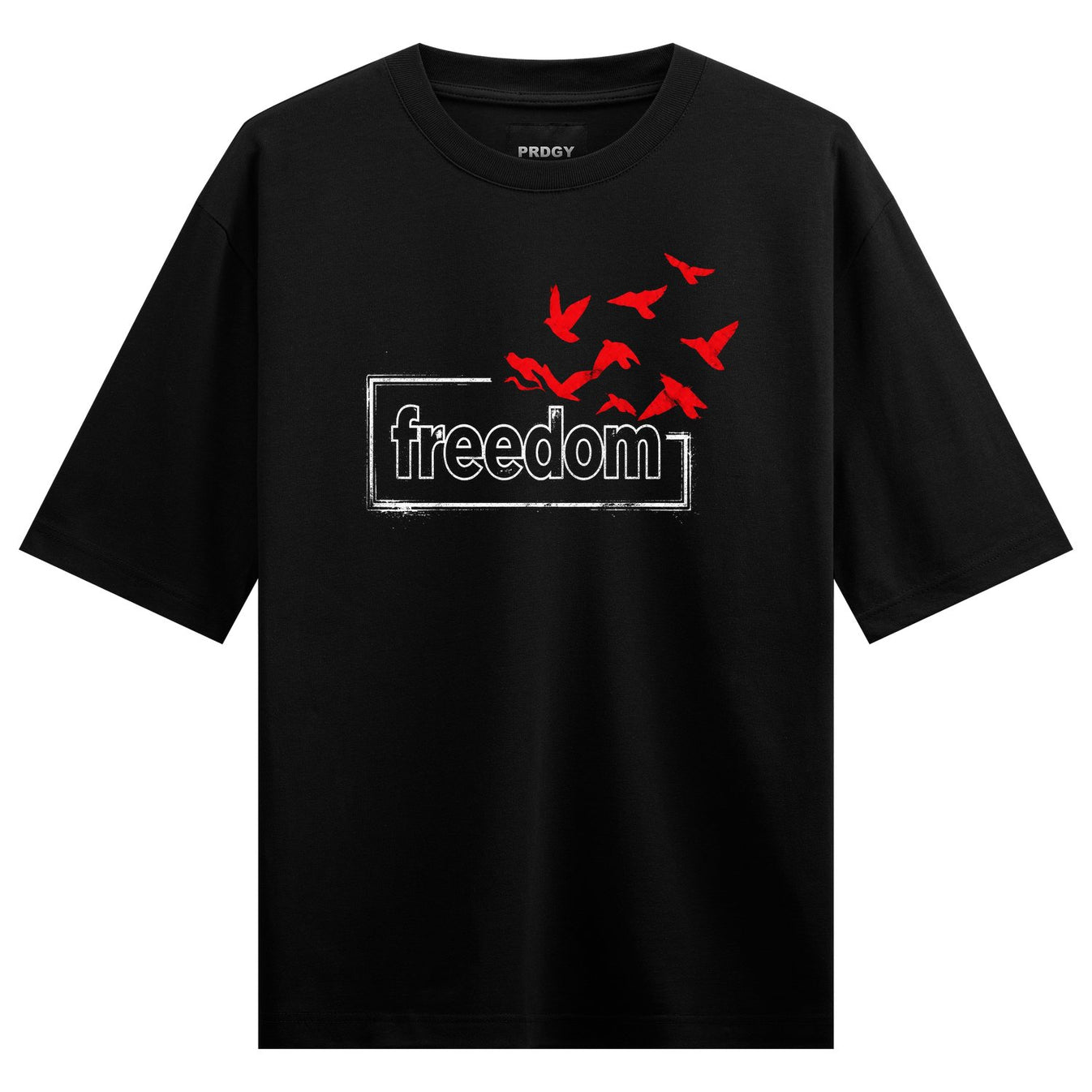 A black t-shirt features a white outlined box with the word freedom inside and a cluster of red birds flying upwards from...
