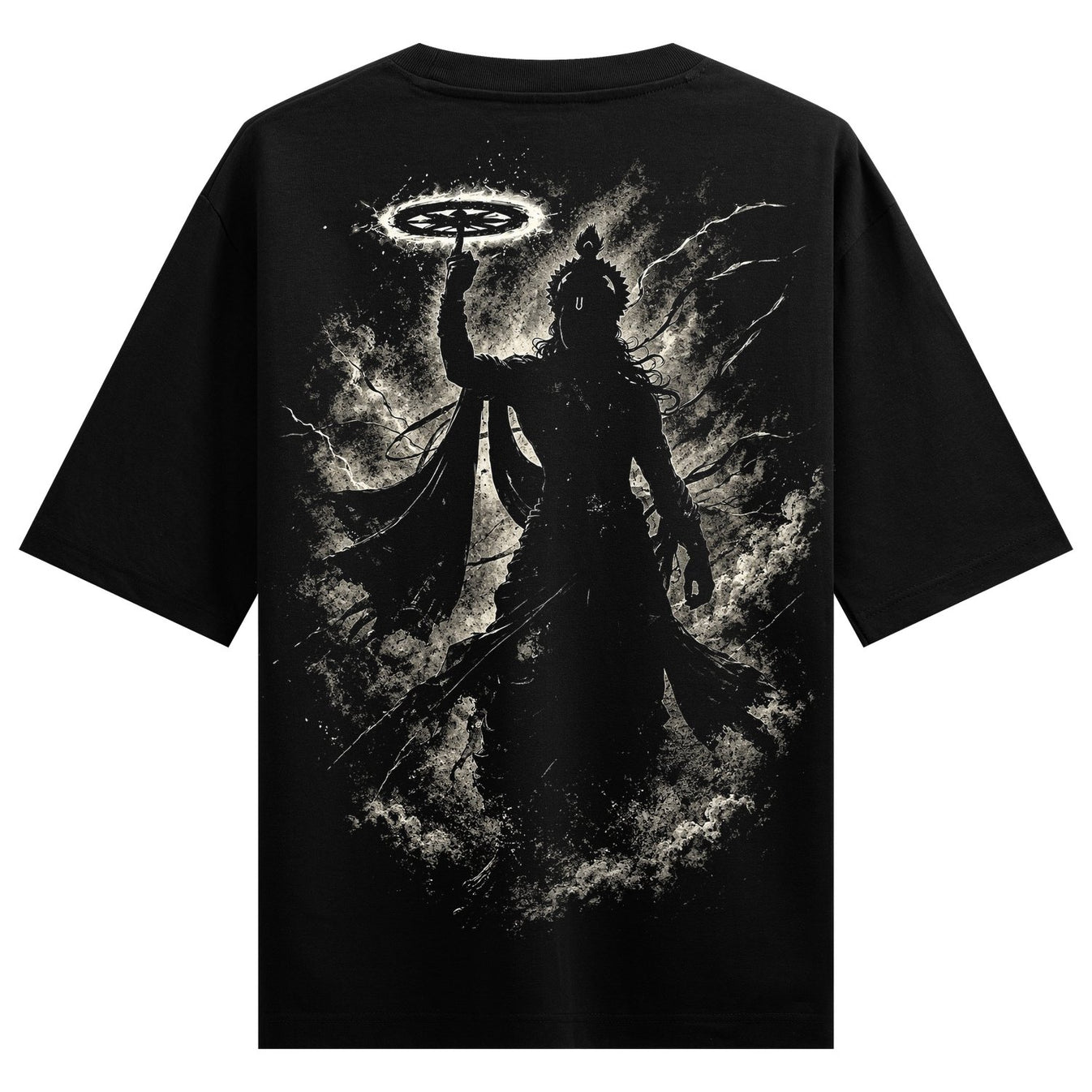 A dark silhouetted figure with flowing robes and a crown holds a glowing chakra above its head surrounded by lightning and...