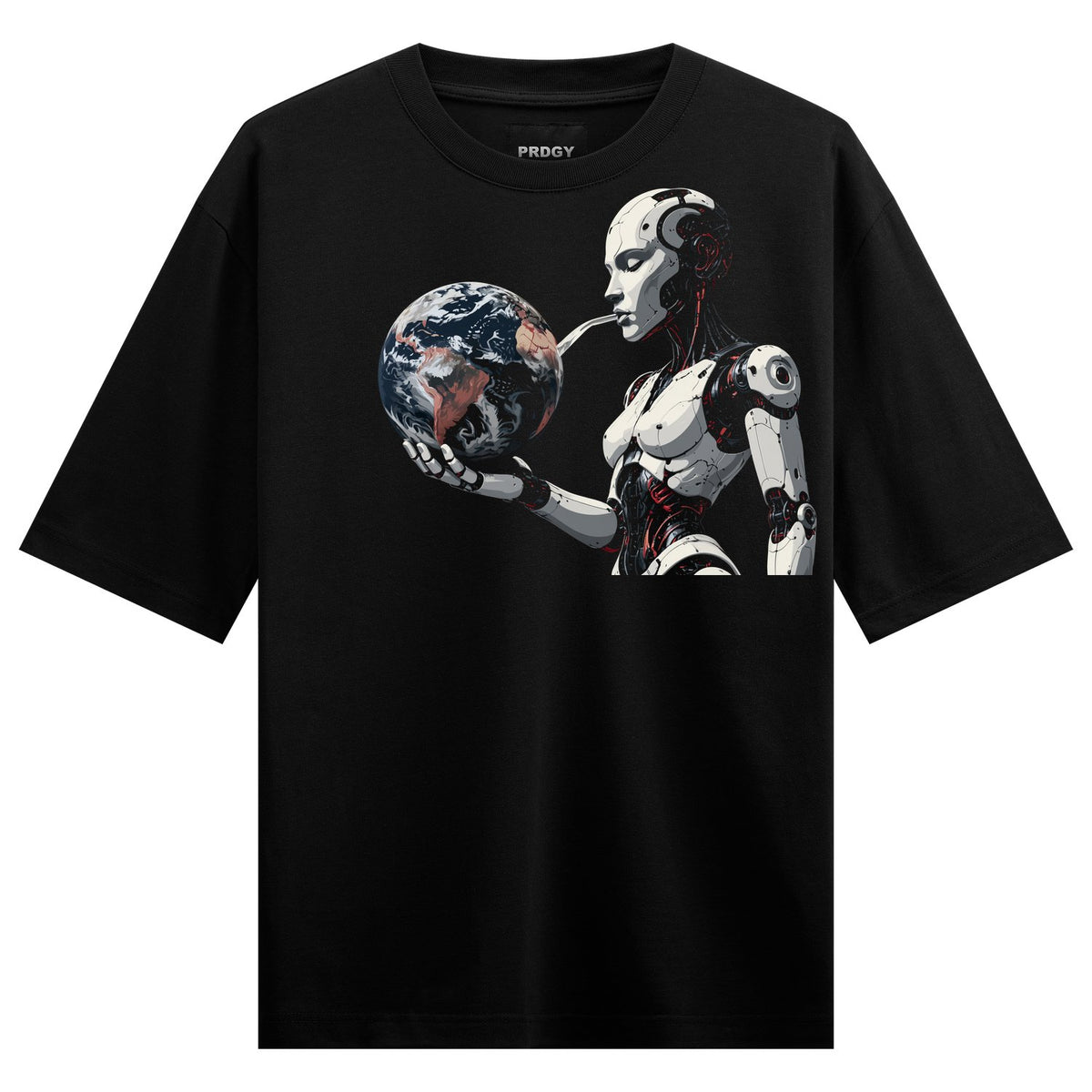Robot Earth Keeper Oversized T-Shirt — a robotic figure with a white and red design holding a blue and green globe against