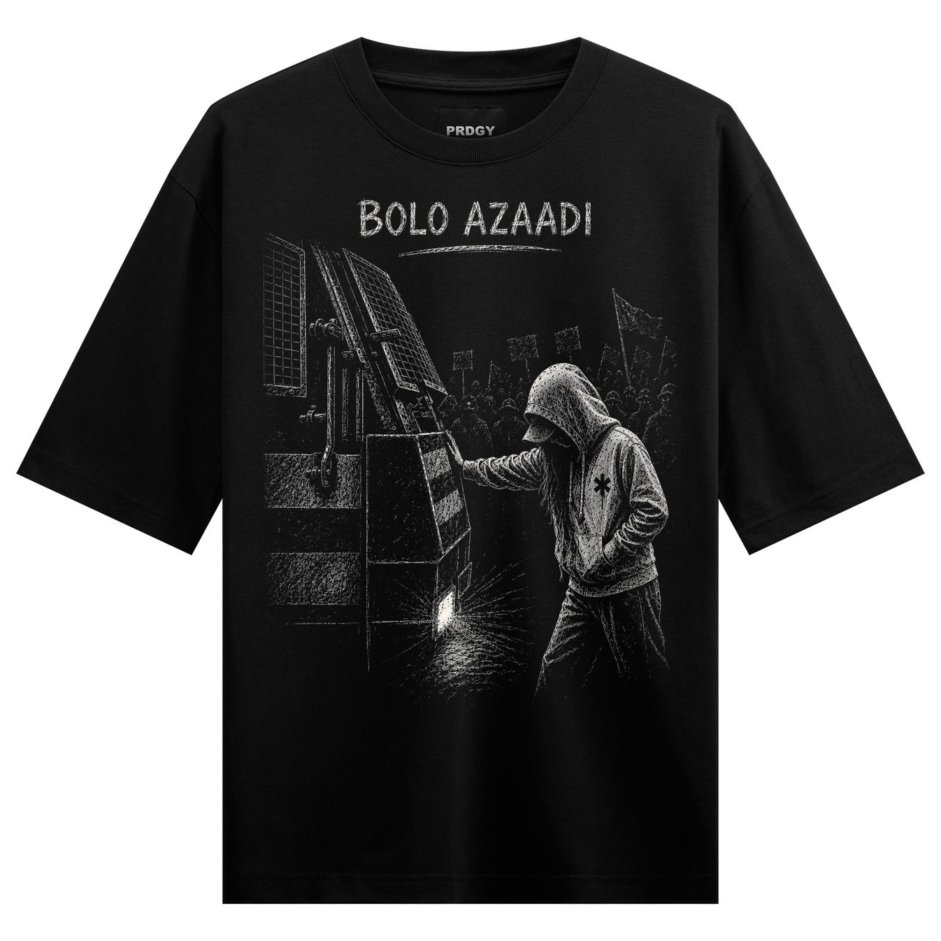 A black t-shirt features a detailed white illustration of a hooded figure touching a barricade with flames below and a cro...