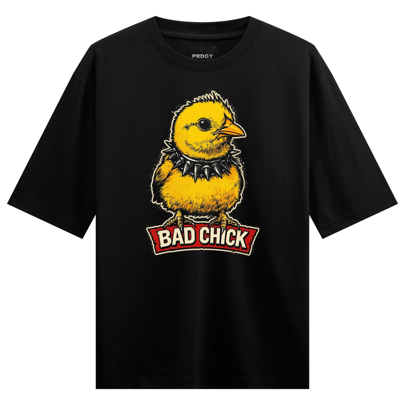 A yellow chick with a spiked collar stands on a red banner that reads BAD CHICK on a black t-shirt on PRDGY oversized t-shirt