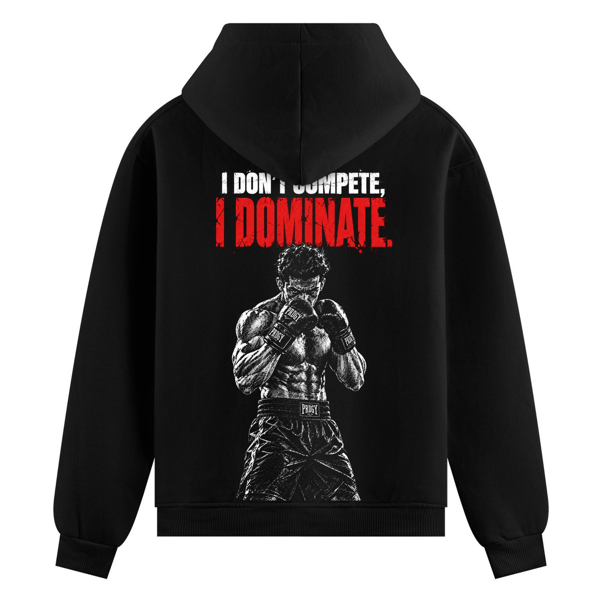 Sucker Punch Oversized Hoodie — a black and white illustration of a muscular boxer wearing gloves, with bold red text