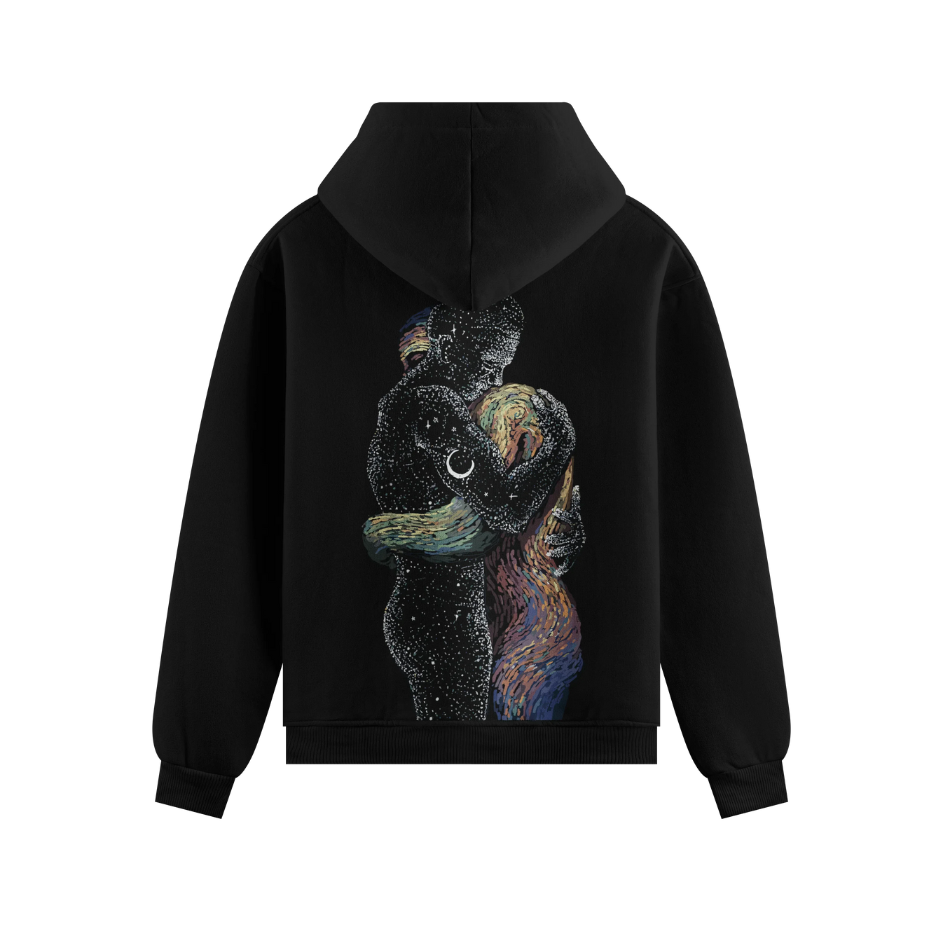 Cosmic Embrace artwork on PRDGY hoodie