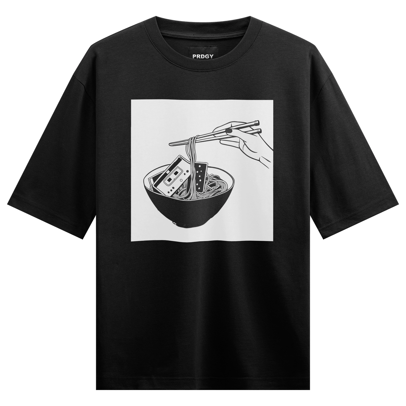 Cassette Tape artwork on PRDGY oversized t-shirt