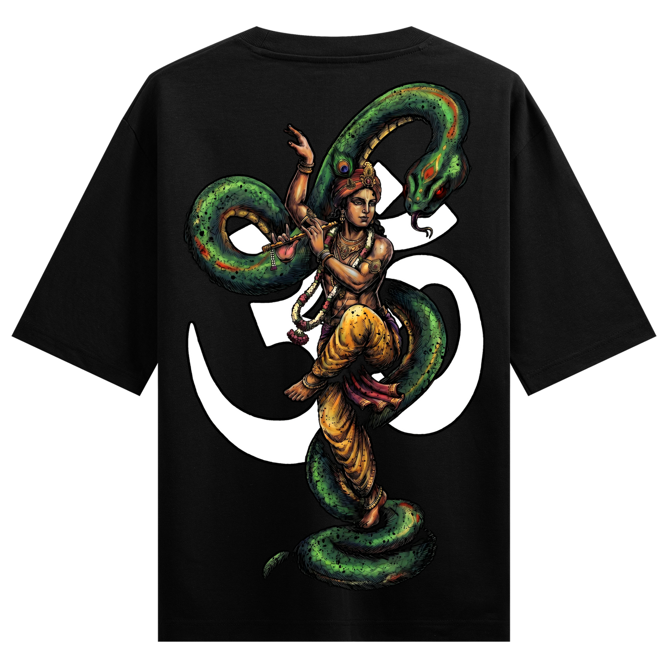 The Serpent King Oversized T-Shirt by PRDGY — black knockout art featuring Krishna on Kaliya, spiritual design.