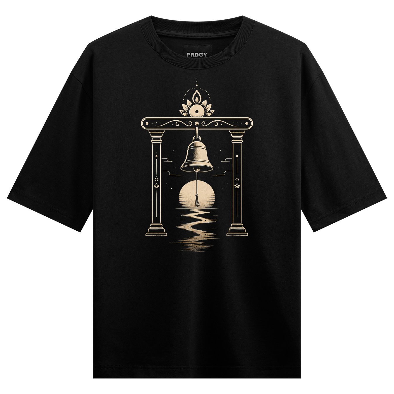 Lotus Bell T-Shirt by PRDGY — Black tee featuring a lotus, bell, and moon design, spiritual design.