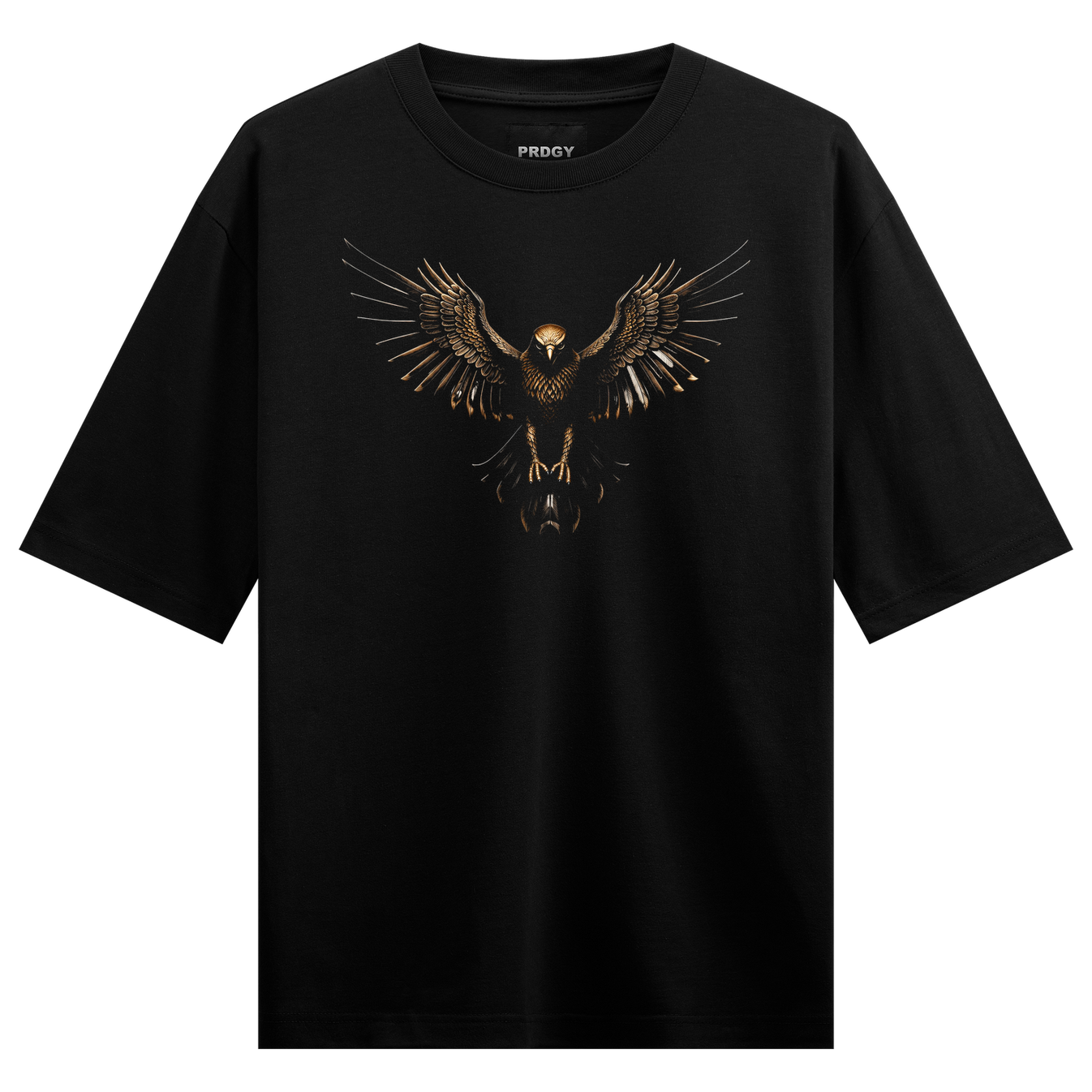Udaan T-Shirt by PRDGY — Black T-Shirt featuring a bold eagle graphic with gold wings, urban fashion design.