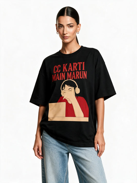 Blue Tick Blues Oversized T-Shirt — front-print T-shirt on model