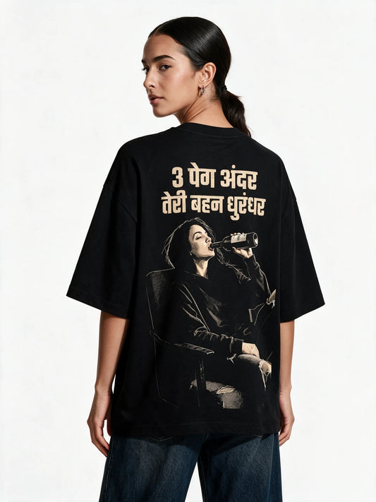 Boozy Sister Oversized T-Shirt — back-print T-shirt on model