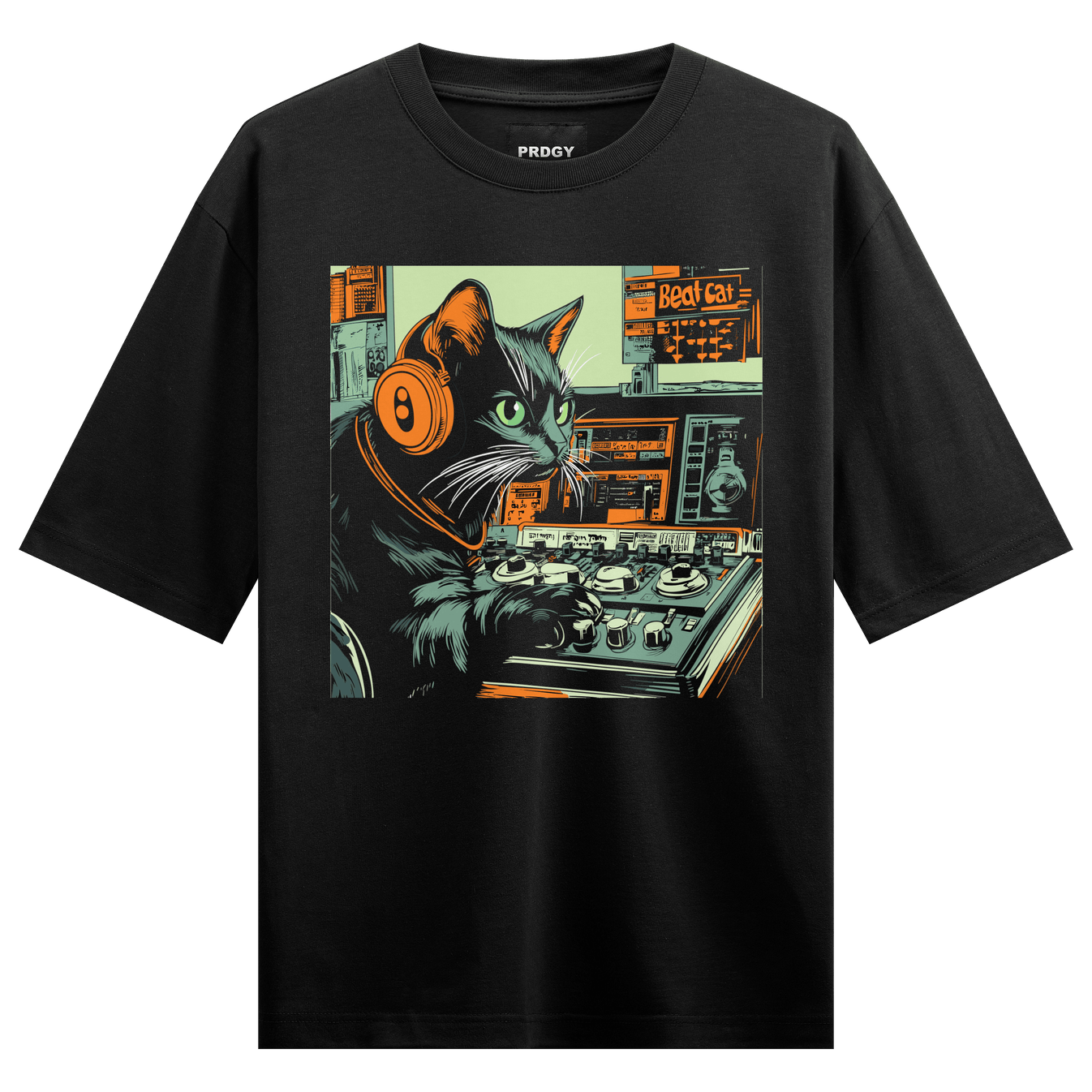 Beat Cat artwork on PRDGY oversized t-shirt