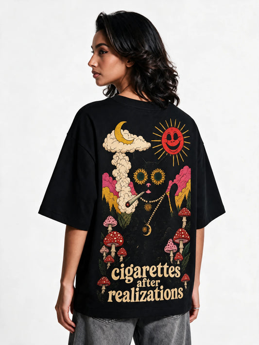 PRDGY Cosmic Cat Oversized T-Shirt — back-print T-shirt on model