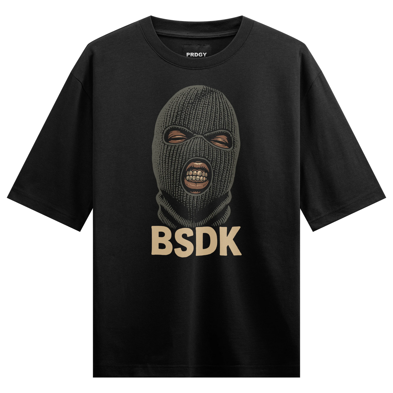Balaclava artwork on PRDGY oversized t-shirt