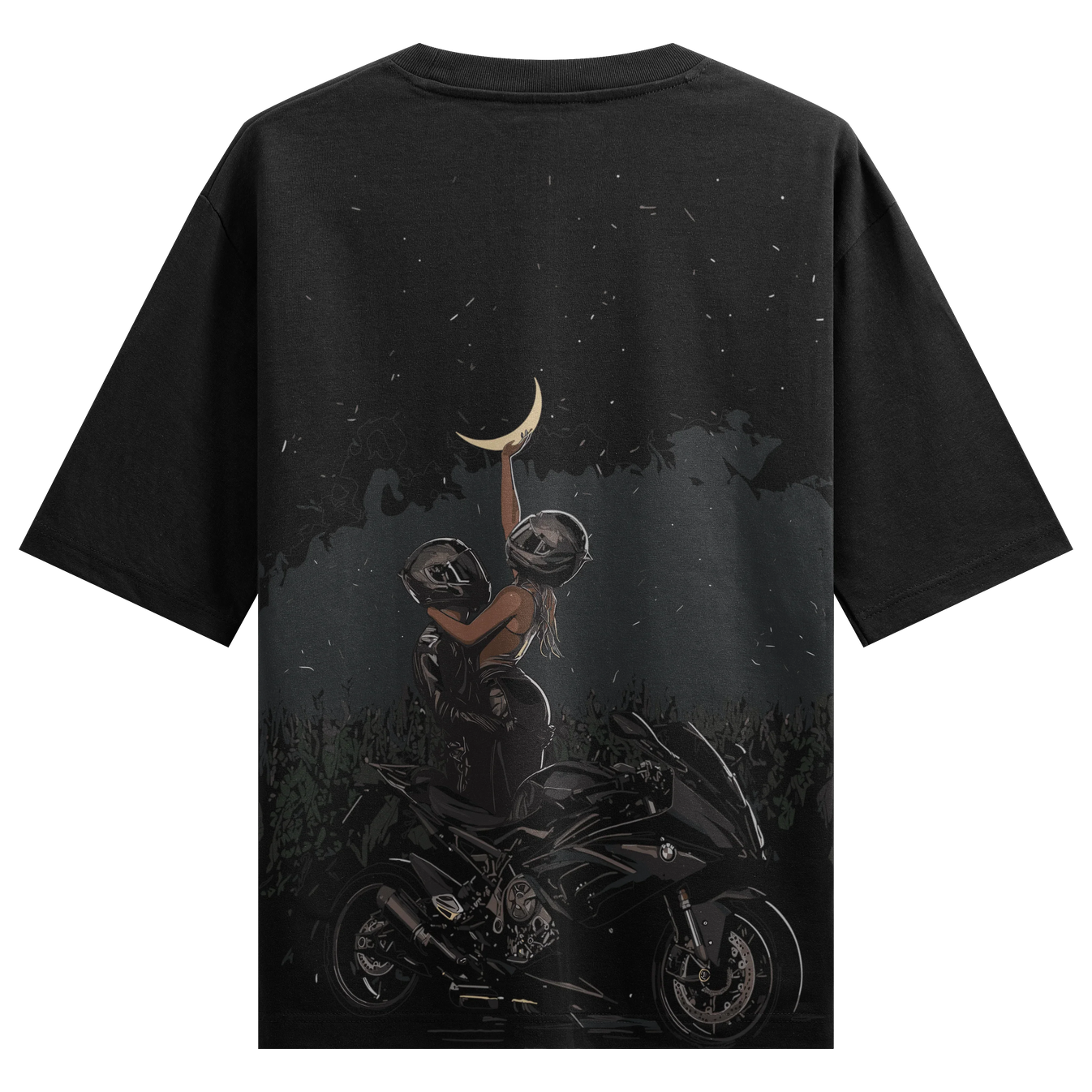 Motorcycle Couple artwork on PRDGY oversized t-shirt
