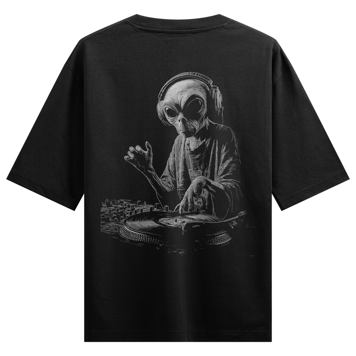 Alien DJ artwork on PRDGY oversized t-shirt