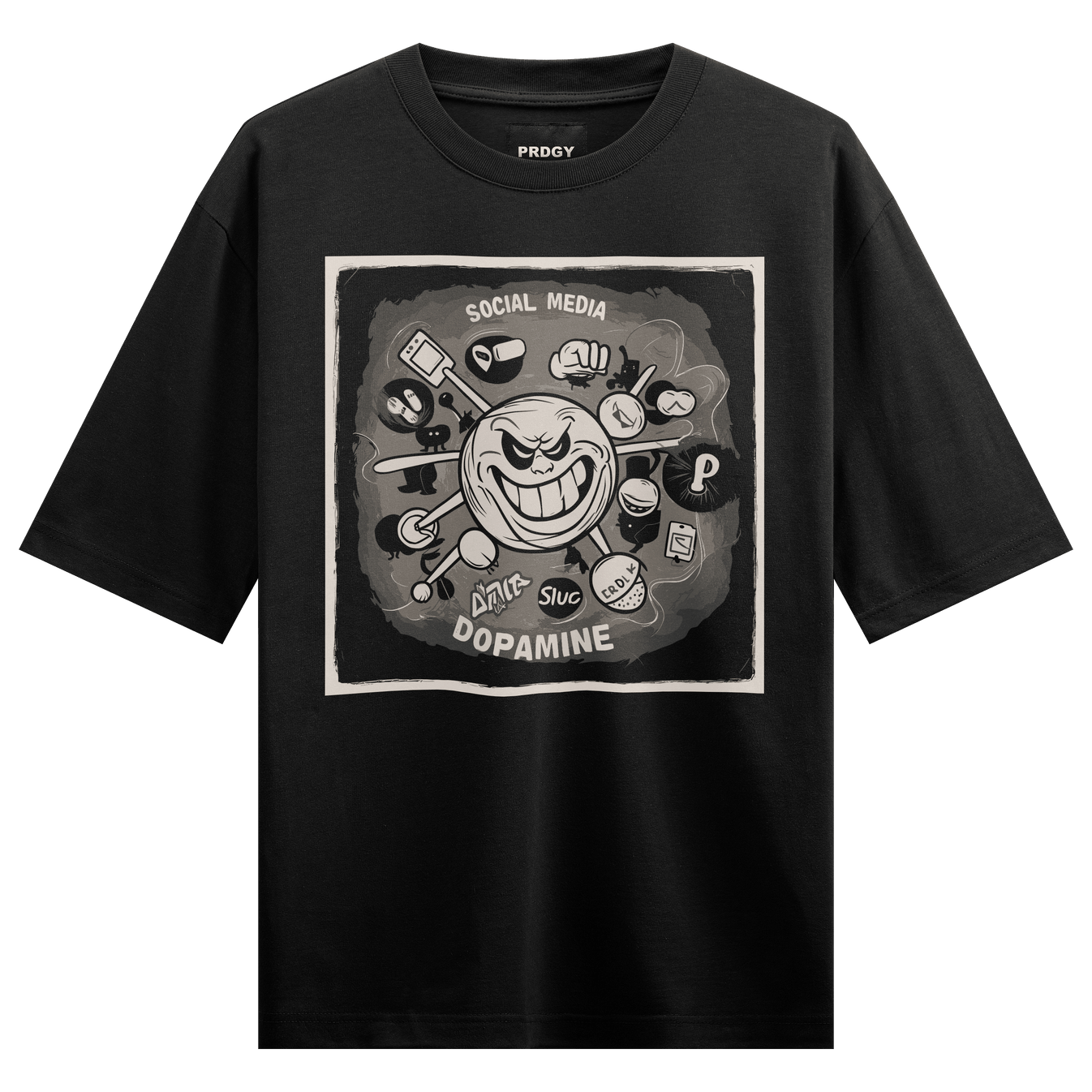 SOCIAL MEDIA DOPAMINE AMIR SLUG ERDLK artwork on PRDGY oversized t-shirt
