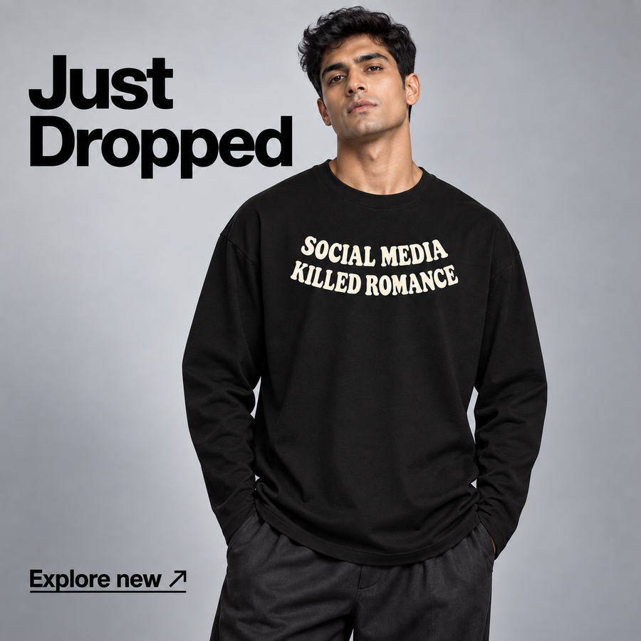 Just Dropped — No Media Only Romance oversized full sleeve T-shirt on male model. Explore new