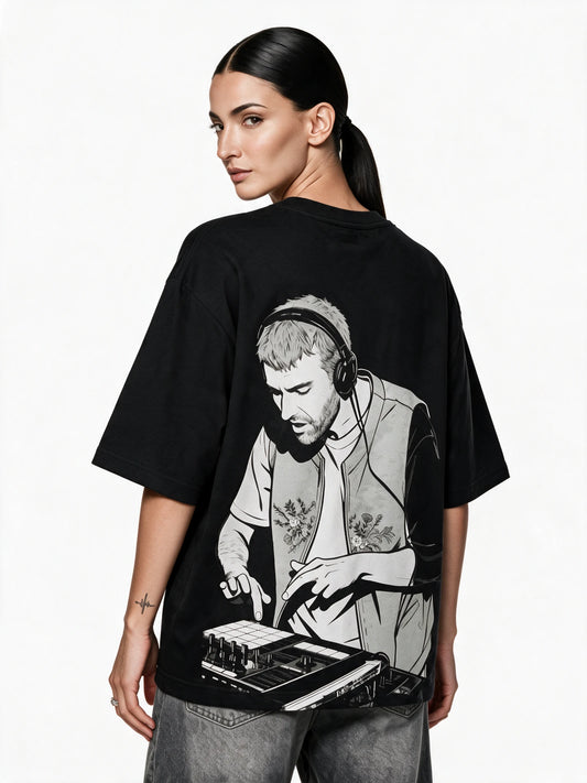 PRDGY Loop Theory Oversized T-Shirt — back-print T-shirt on model