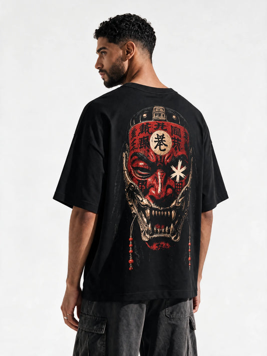 PRDGY Oni Mask Oversized T-shirt — back-print T-shirt on model