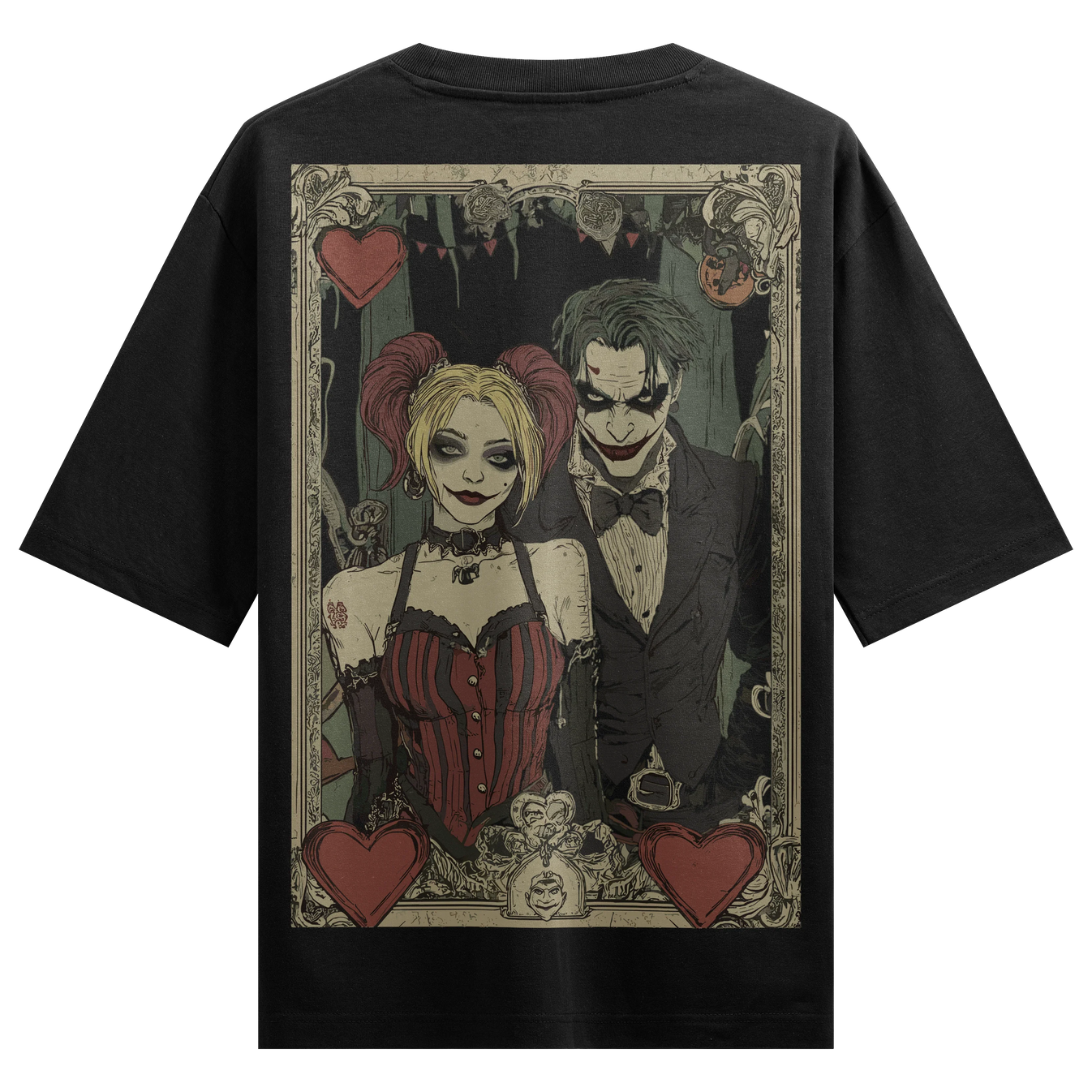 Joker And Harley Quinn artwork on PRDGY oversized t-shirt