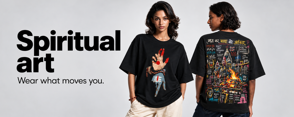 Spiritual art — Nataraj Mudra and Sacred Fire, worn by the product-page models