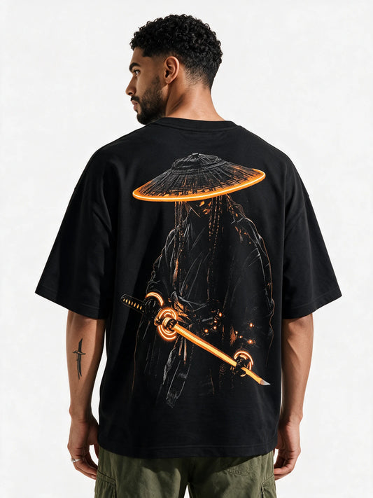 PRDGY Radioactive Ronin Oversized T-shirt — back-print T-shirt on model