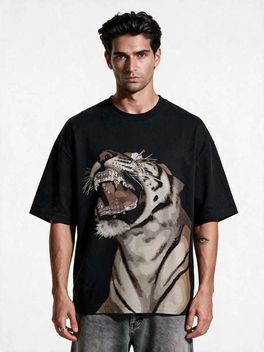 Roaring Beast Oversized T-shirt — front-print T-shirt on model