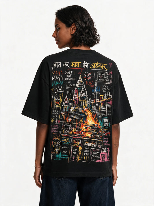 Sacred Fire Oversized T-shirt — back-print T-shirt on model