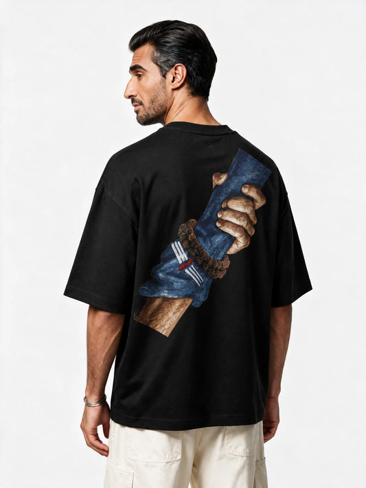 PRDGY Sahayak Oversized T-Shirt — back-print T-shirt on model