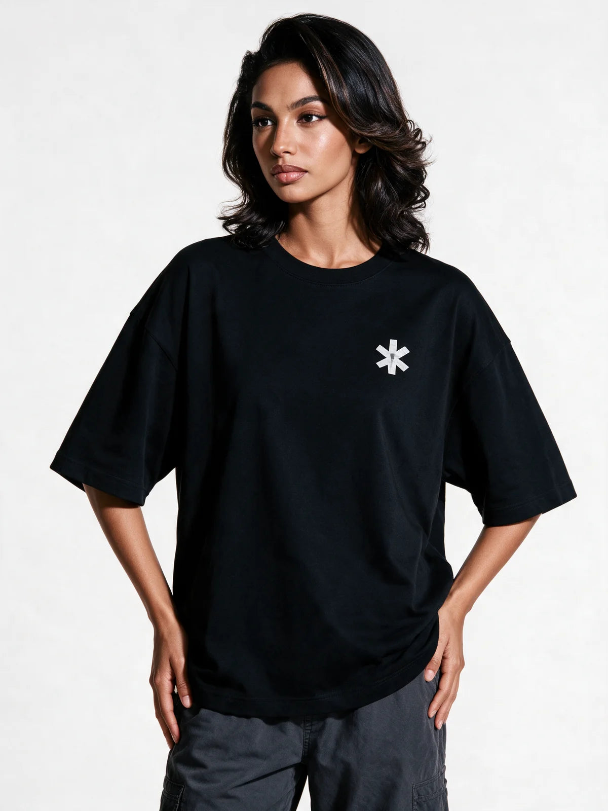 PRDGY Smiley Roll Oversized T-shirt — opposite-side model view