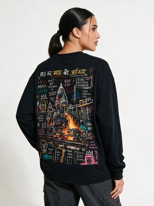 Sacred Fire Oversized Full Sleeve T-Shirt — back model view