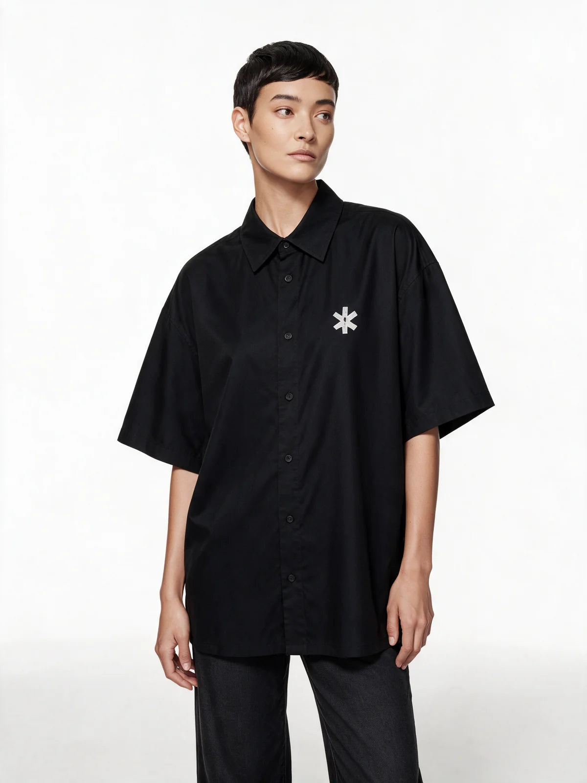 PRDGY Hold The Divine Oversized Collar Shirt — opposite-side model view